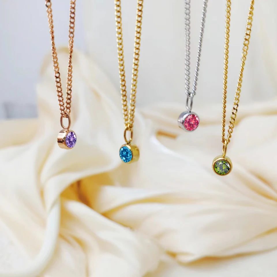 Modessie Birthstone Necklace – 12 Birth Month Colors in Zirconia –  Chain Stainless Steel Pendant Jewelry for Women