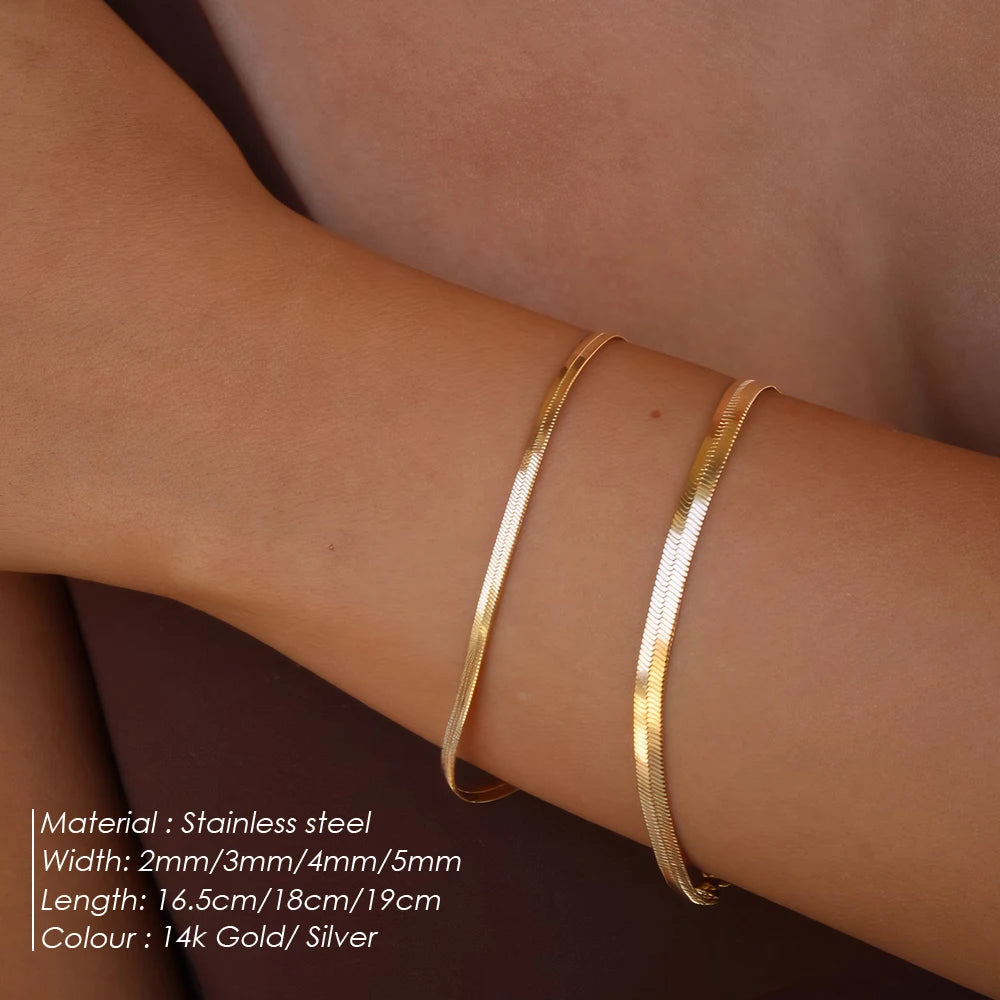 Modessie Women Trend Classic Snake Chain Bracelet Gold Color Width 2/3/4/5MM Stainless Steel Chain Bracelet For Women Jewelry Gift