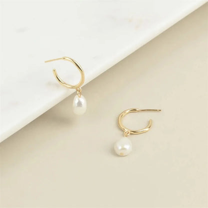 Modessie Fashion Natural Freshwater Pearl Pendant Earrings Large Hoop Stainless Steel Gold Color Earrings