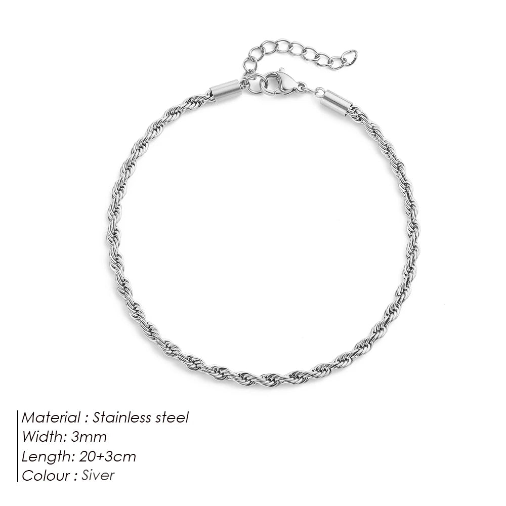 Modessie Silver Color Rope Chain Link Anklets Stainless Steel for Women Foot Accessorie Summer Beach Barefoot Sandals Bracelet