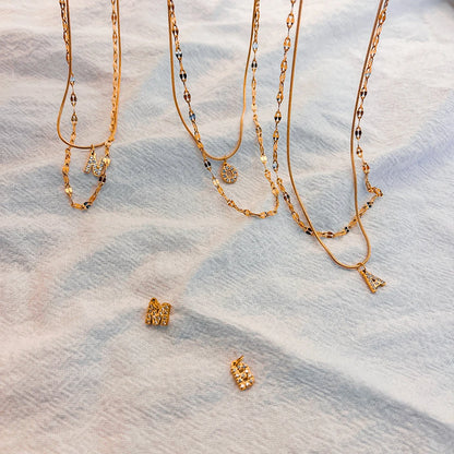 Modessie Double Stainless Steel Round Snake Chain Necklace Light Luxury Zirconia Alphabet Pendant A-Z High-end Fashion Jewelry