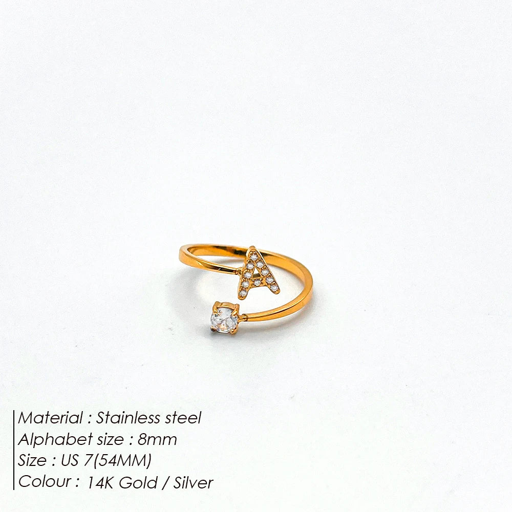 Modessie Classic Fashion Jewelry A-Z 26 Letters Ring Simple Stainless Steel Shiny Zirconia
