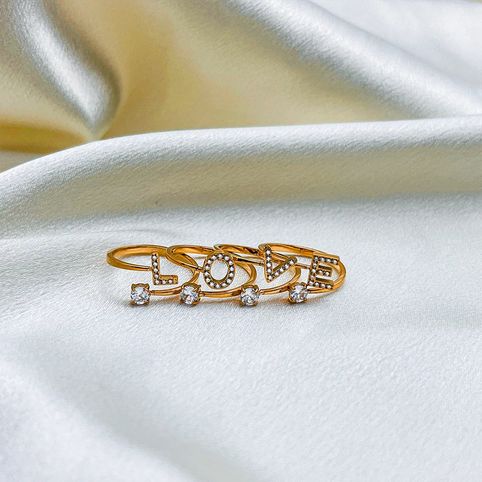 Modessie Classic Fashion Jewelry A-Z 26 Letters Ring Simple Stainless Steel Shiny Zirconia