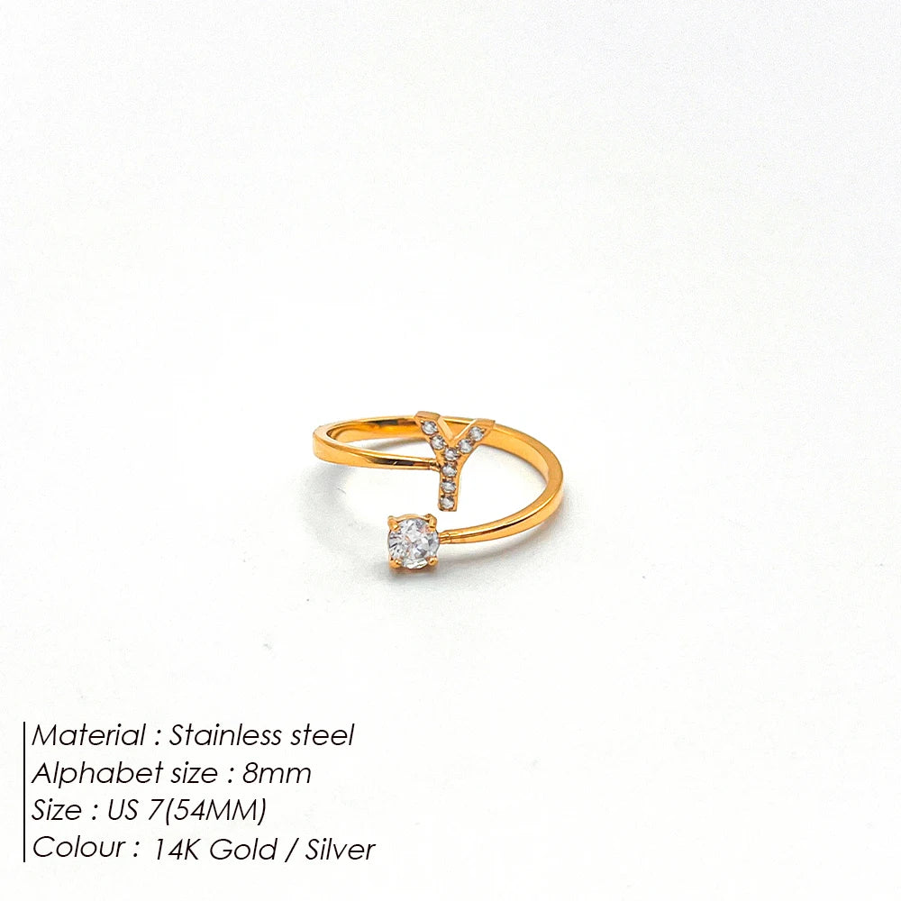 Modessie Classic Fashion Jewelry A-Z 26 Letters Ring Simple Stainless Steel Shiny Zirconia