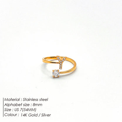 Modessie Classic Fashion Jewelry A-Z 26 Letters Ring Simple Stainless Steel Shiny Zirconia