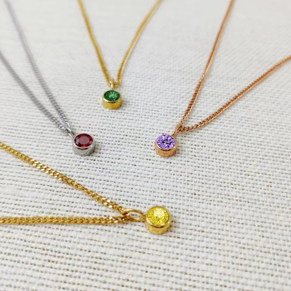 Modessie Birthstone Necklace – 12 Birth Month Colors in Zirconia –  Chain Stainless Steel Pendant Jewelry for Women