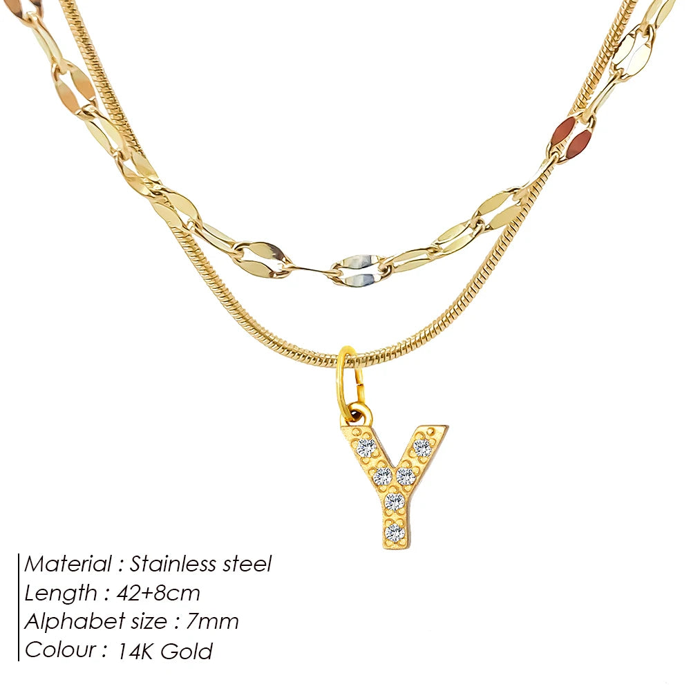 Modessie Double Stainless Steel Round Snake Chain Necklace Light Luxury Zirconia Alphabet Pendant A-Z High-end Fashion Jewelry