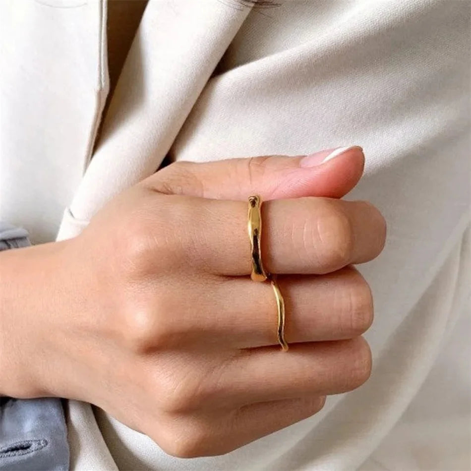Modessie Gold Color /Silver Color Irregular Wave Rings Trendy Simple Geometric Handmade Jewelry for Women Couple