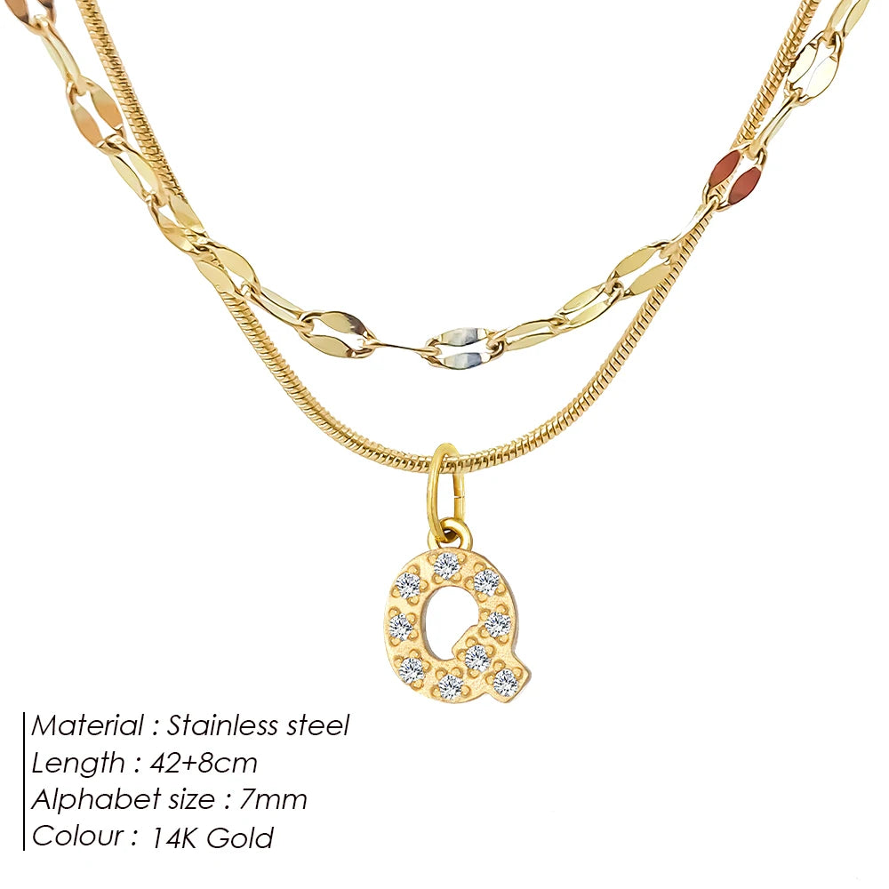 Modessie Double Stainless Steel Round Snake Chain Necklace Light Luxury Zirconia Alphabet Pendant A-Z High-end Fashion Jewelry