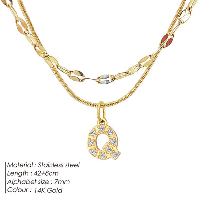 Modessie Double Stainless Steel Round Snake Chain Necklace Light Luxury Zirconia Alphabet Pendant A-Z High-end Fashion Jewelry