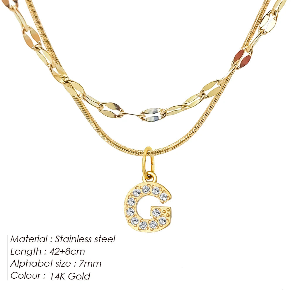 Modessie Double Stainless Steel Round Snake Chain Necklace Light Luxury Zirconia Alphabet Pendant A-Z High-end Fashion Jewelry