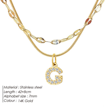 Modessie Double Stainless Steel Round Snake Chain Necklace Light Luxury Zirconia Alphabet Pendant A-Z High-end Fashion Jewelry