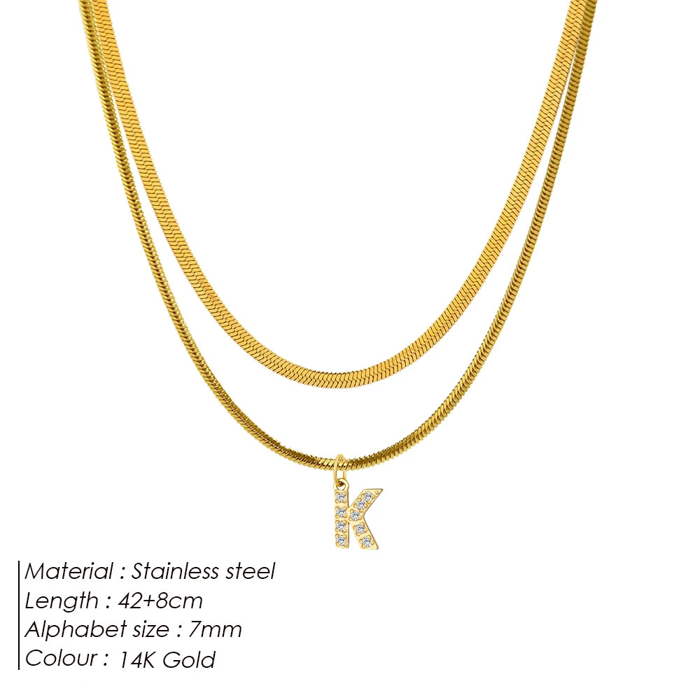 Modessie 14K Gold Plated Herringbone Snake Chain Double Zirconia Letter Pendant Necklace Stainless Steel
