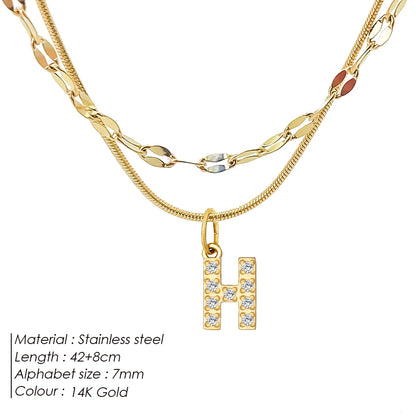Modessie Double Stainless Steel Round Snake Chain Necklace Light Luxury Zirconia Alphabet Pendant A-Z High-end Fashion Jewelry