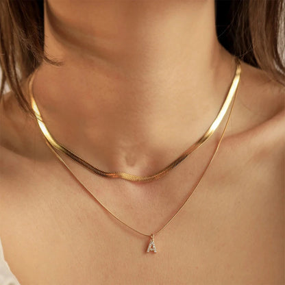 Modessie 14K Gold Plated Herringbone Snake Chain Double Zirconia Letter Pendant Necklace Stainless Steel