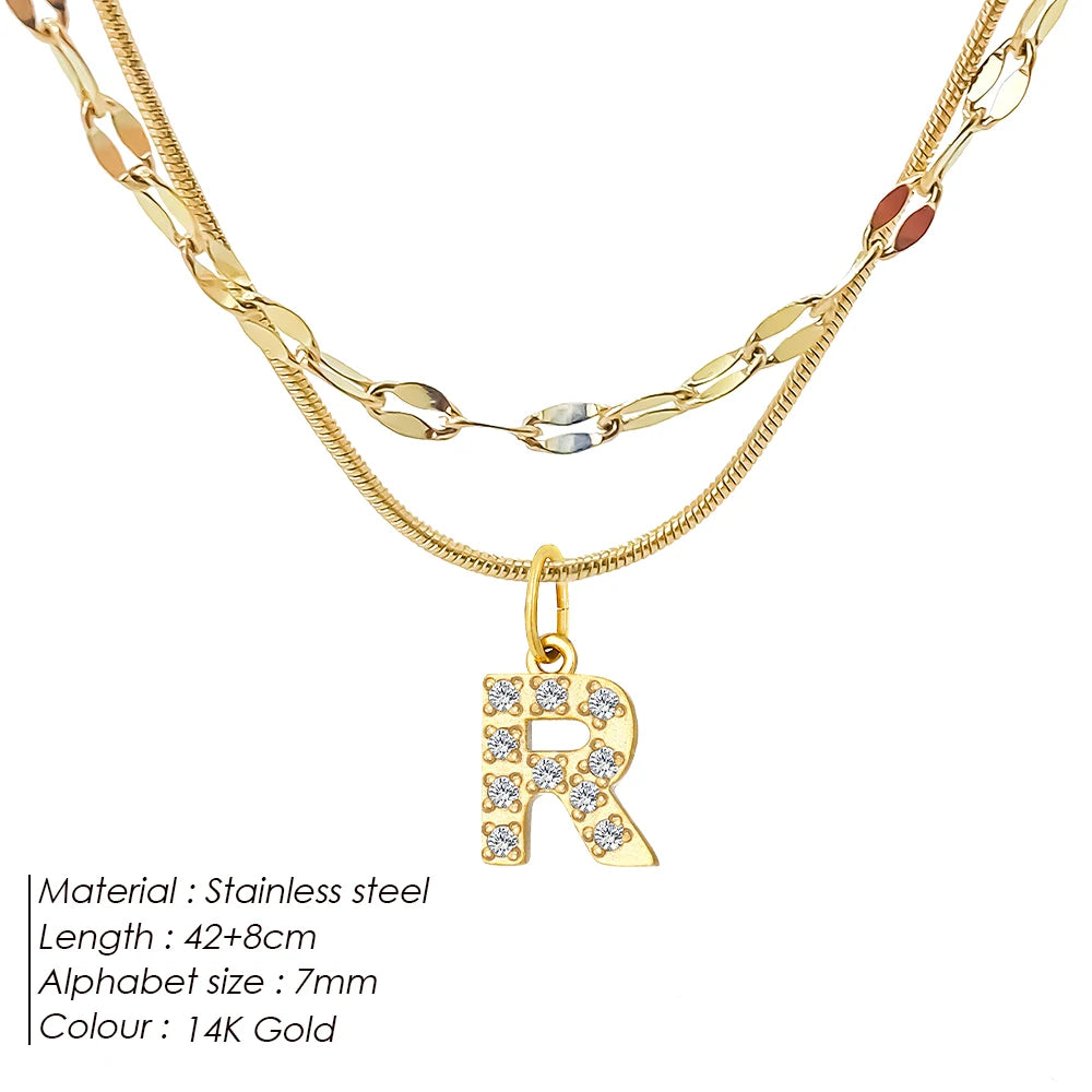 Modessie Double Stainless Steel Round Snake Chain Necklace Light Luxury Zirconia Alphabet Pendant A-Z High-end Fashion Jewelry