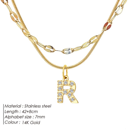 Modessie Double Stainless Steel Round Snake Chain Necklace Light Luxury Zirconia Alphabet Pendant A-Z High-end Fashion Jewelry
