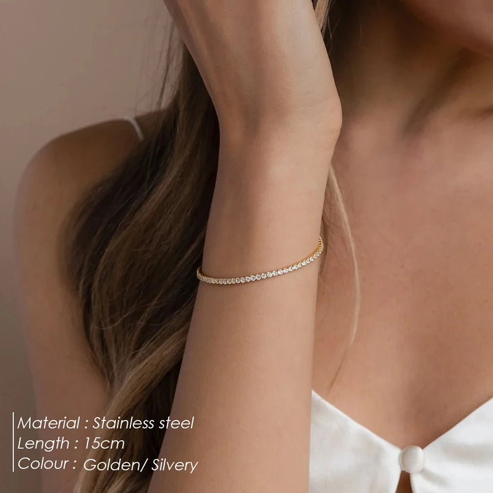 Modessie Stainless Steel Gold Plated Sparkling Bracelet High Quality White Zirconia Single Row Simple Accessory For Girls
