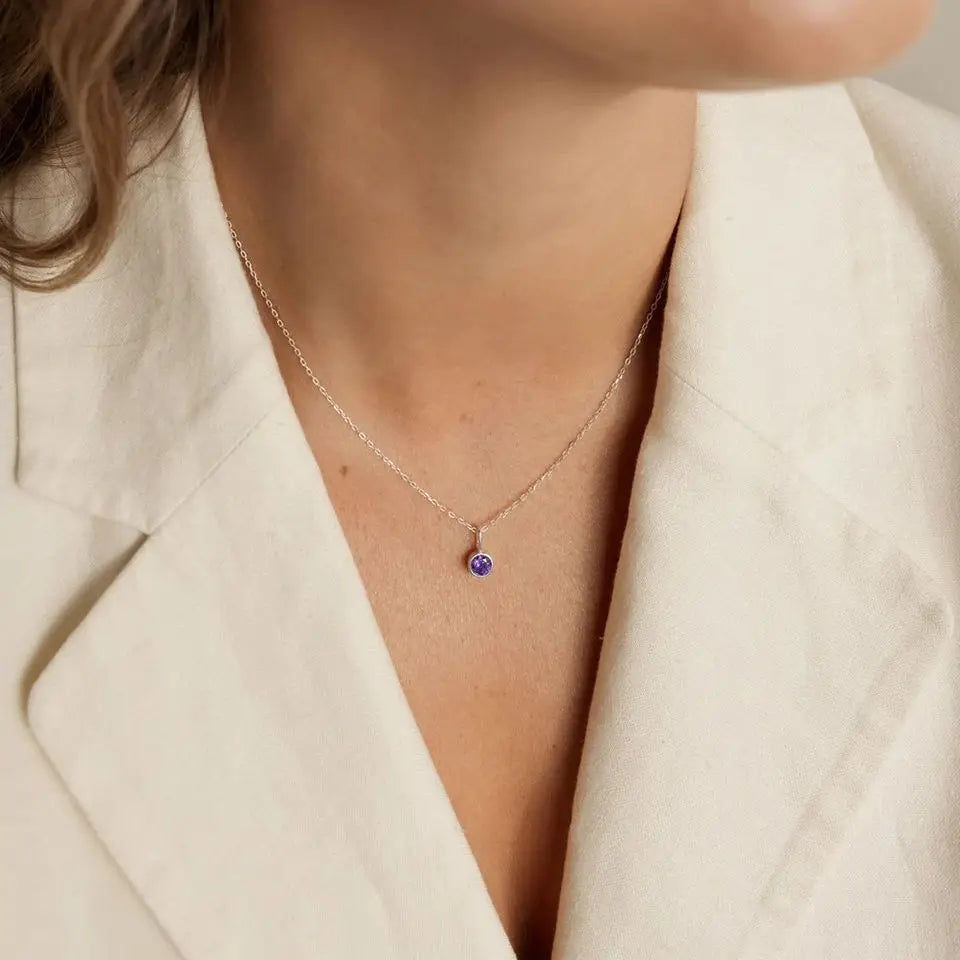 Modessie Birthstone Necklace – 12 Birth Month Colors in Zirconia –  Chain Stainless Steel Pendant Jewelry for Women