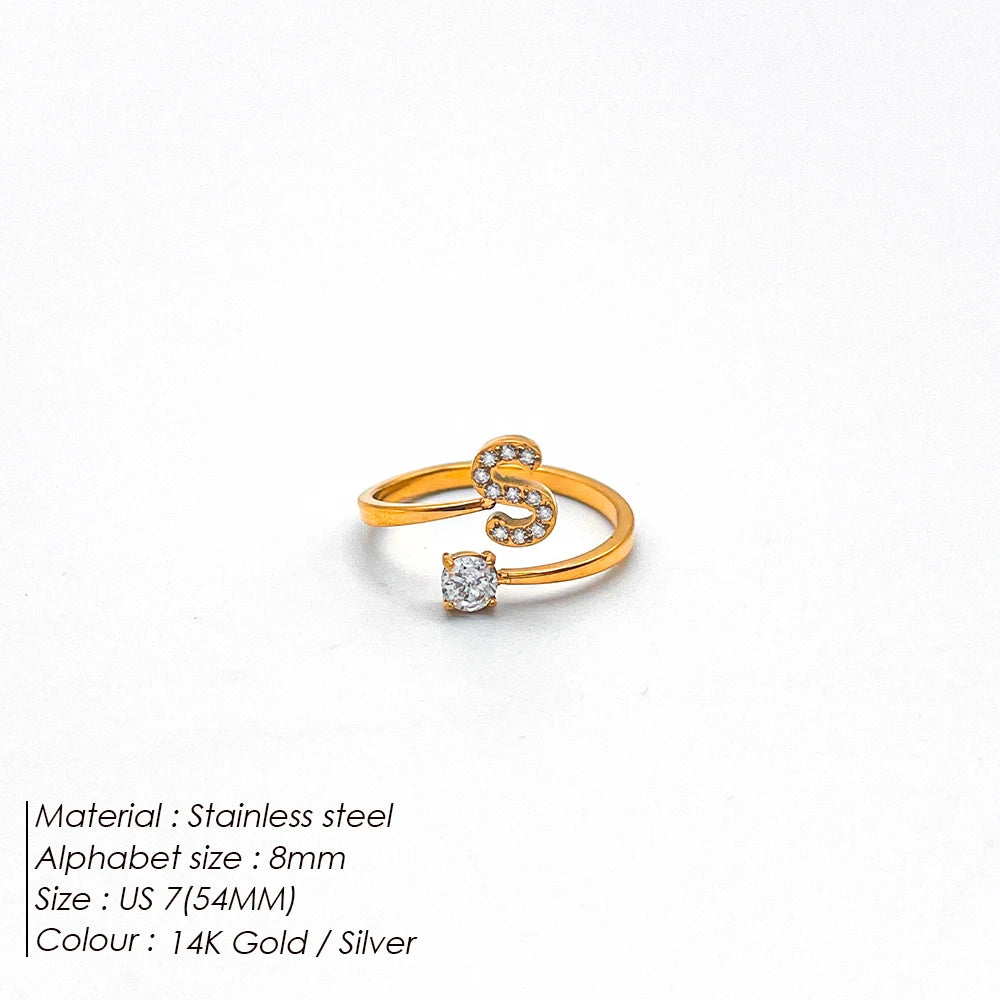 Modessie Classic Fashion Jewelry A-Z 26 Letters Ring Simple Stainless Steel Shiny Zirconia