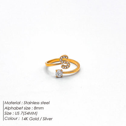 Modessie Classic Fashion Jewelry A-Z 26 Letters Ring Simple Stainless Steel Shiny Zirconia