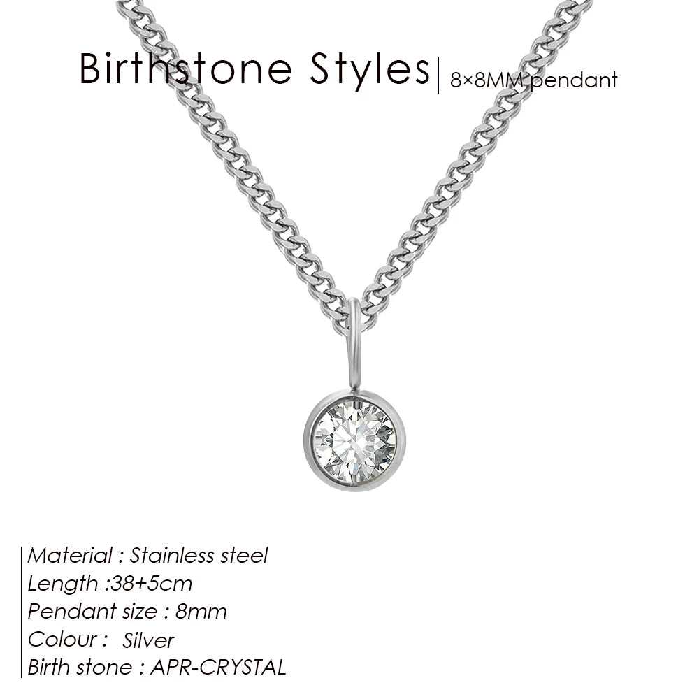 Modessie Birthstone Necklace – 12 Birth Month Colors in Zirconia –  Chain Stainless Steel Pendant Jewelry for Women