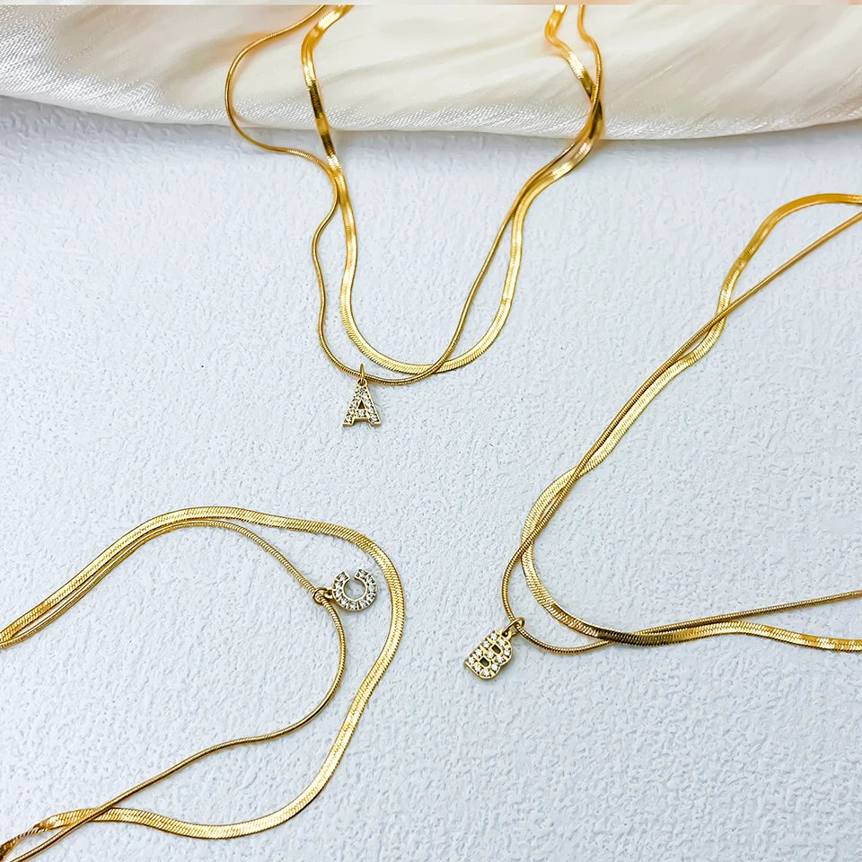 Modessie 14K Gold Plated Herringbone Snake Chain Double Zirconia Letter Pendant Necklace Stainless Steel