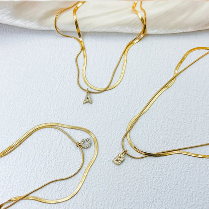 Modessie 14K Gold Plated Herringbone Snake Chain Double Zirconia Letter Pendant Necklace Stainless Steel