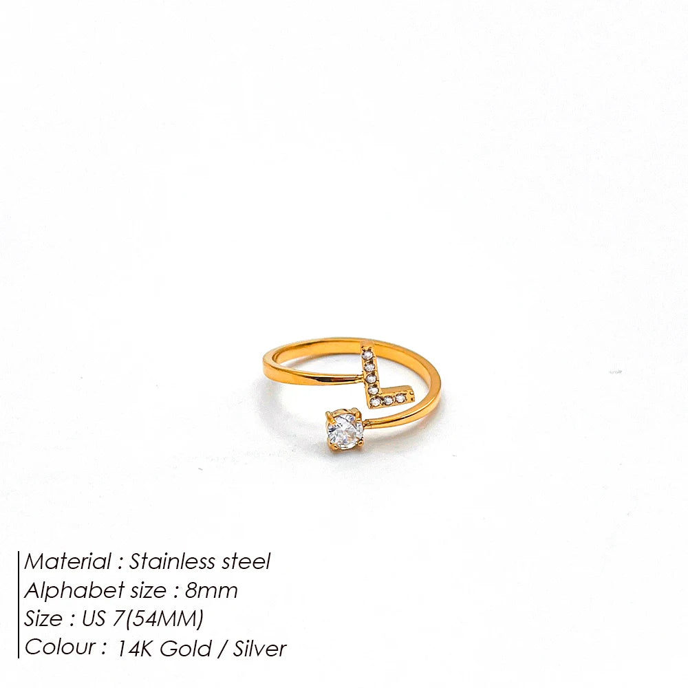 Modessie Classic Fashion Jewelry A-Z 26 Letters Ring Simple Stainless Steel Shiny Zirconia