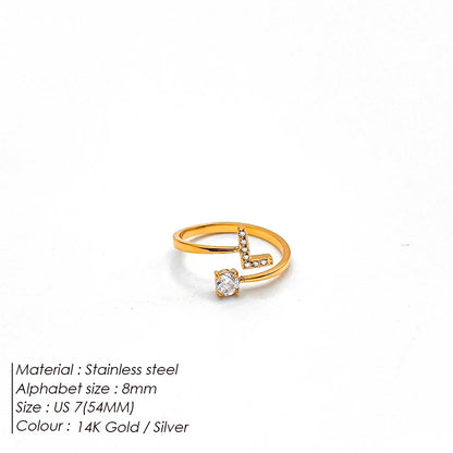 Modessie Classic Fashion Jewelry A-Z 26 Letters Ring Simple Stainless Steel Shiny Zirconia