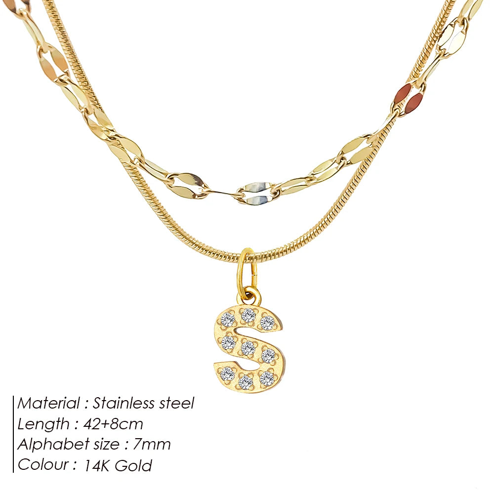 Modessie Double Stainless Steel Round Snake Chain Necklace Light Luxury Zirconia Alphabet Pendant A-Z High-end Fashion Jewelry
