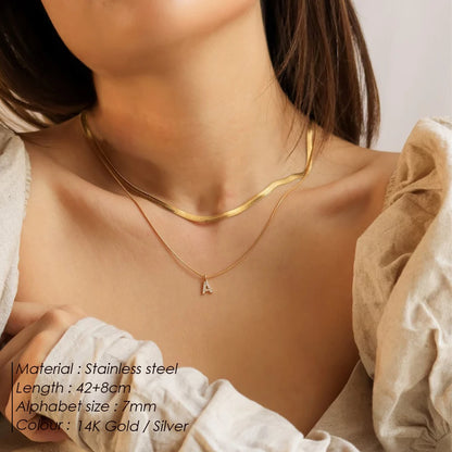 Modessie 14K Gold Plated Herringbone Snake Chain Double Zirconia Letter Pendant Necklace Stainless Steel