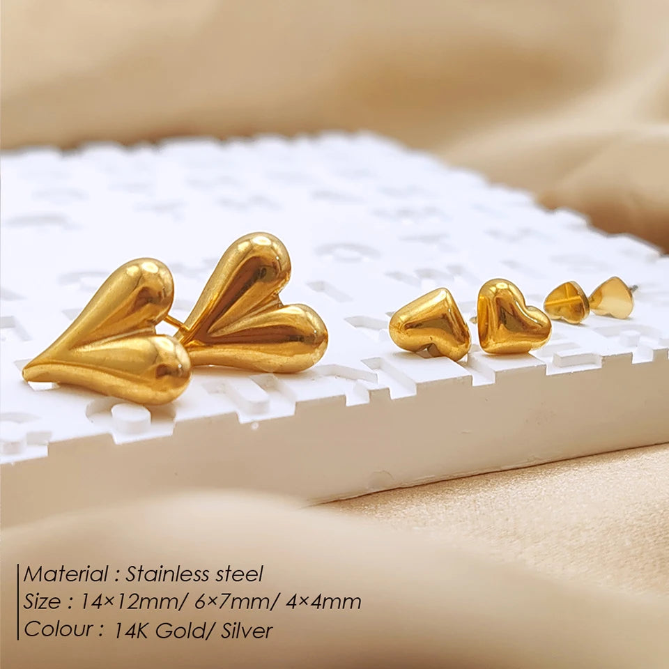 Modessie Golden Heart Earrings Set Stainless Steel Stud Piercing Earrings  Minimalist Style for Women's Jewelry