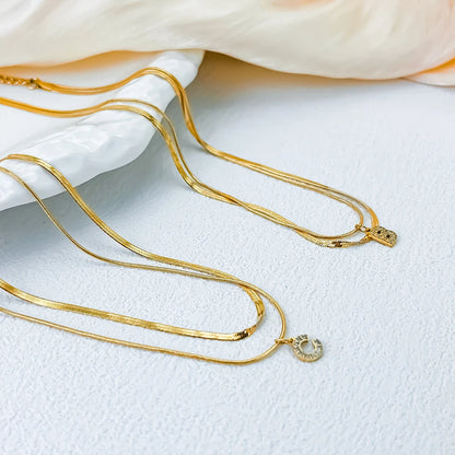 Modessie 14K Gold Plated Herringbone Snake Chain Double Zirconia Letter Pendant Necklace Stainless Steel