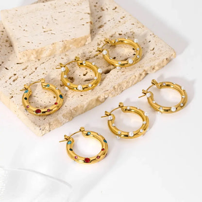 Modessie New Stainless Steel High Grade Rhinestone Earrings Vintage Faux Pearls Women's Hoop Jewelry