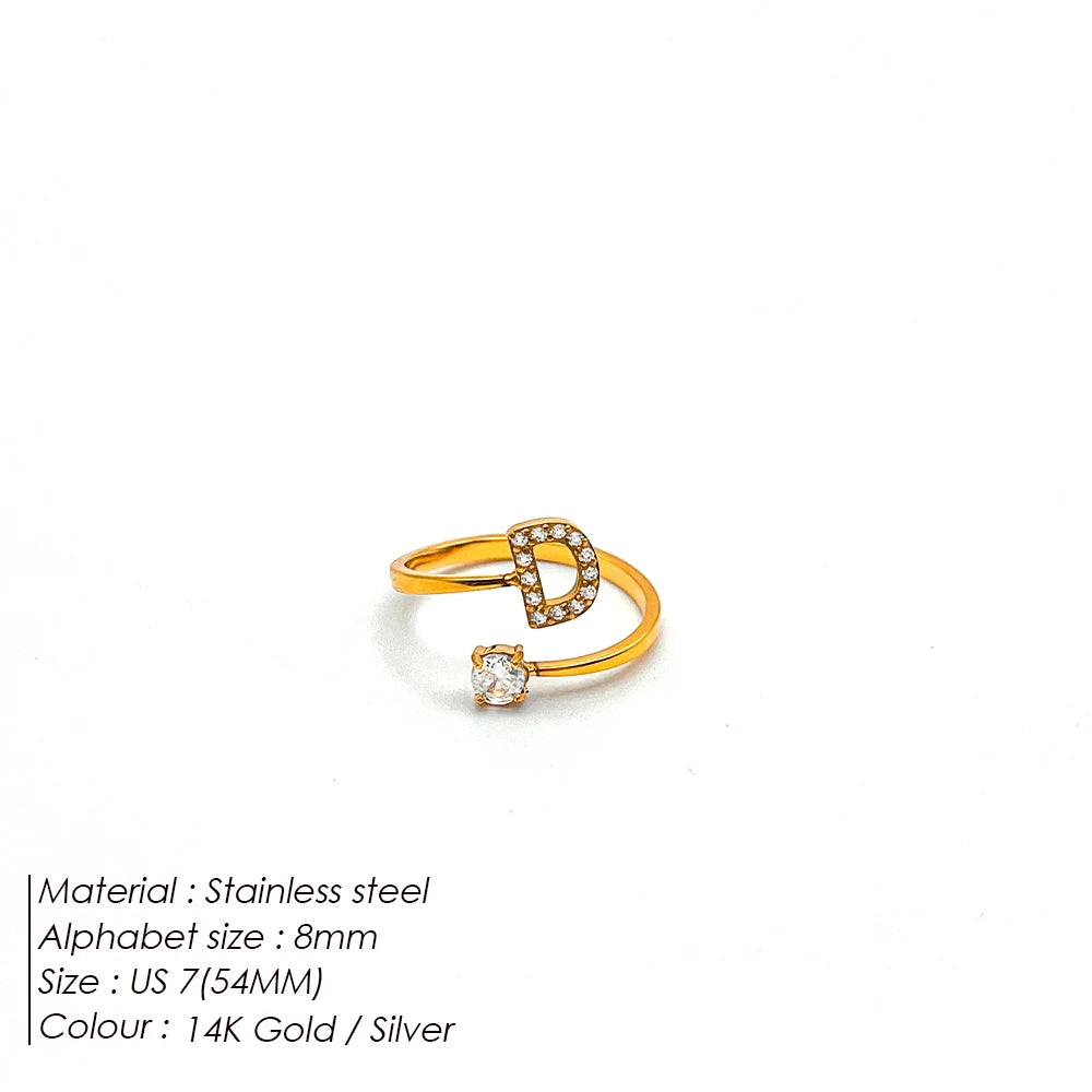 Modessie Classic Fashion Jewelry A-Z 26 Letters Ring Simple Stainless Steel Shiny Zirconia