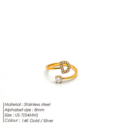 Modessie Classic Fashion Jewelry A-Z 26 Letters Ring Simple Stainless Steel Shiny Zirconia