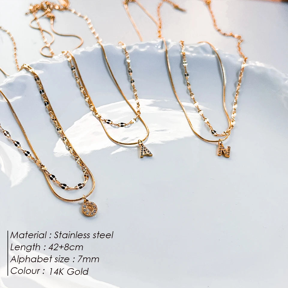 Modessie Double Stainless Steel Round Snake Chain Necklace Light Luxury Zirconia Alphabet Pendant A-Z High-end Fashion Jewelry