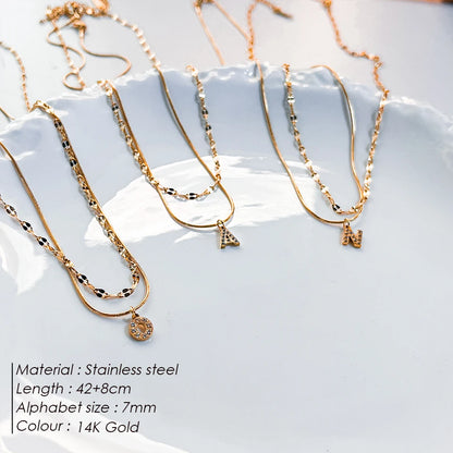 Modessie Double Stainless Steel Round Snake Chain Necklace Light Luxury Zirconia Alphabet Pendant A-Z High-end Fashion Jewelry