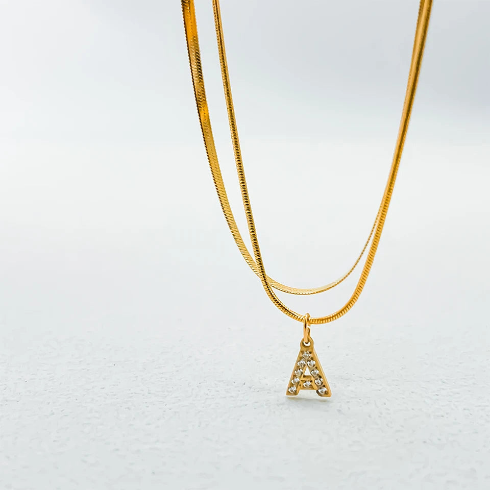 Modessie 14K Gold Plated Herringbone Snake Chain Double Zirconia Letter Pendant Necklace Stainless Steel