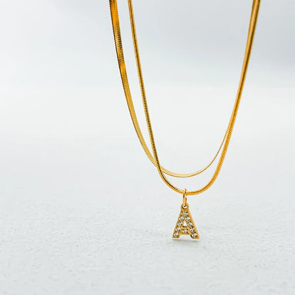 Modessie 14K Gold Plated Herringbone Snake Chain Double Zirconia Letter Pendant Necklace Stainless Steel