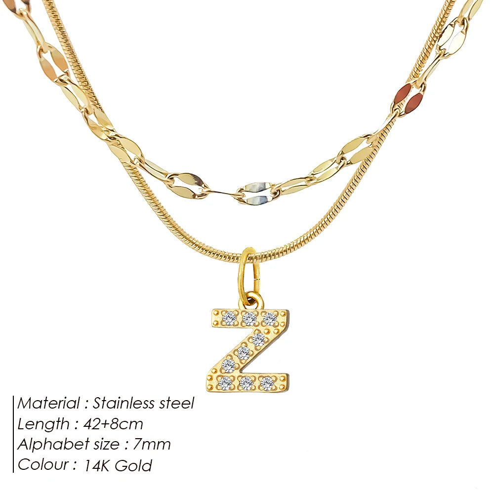 Modessie Double Stainless Steel Round Snake Chain Necklace Light Luxury Zirconia Alphabet Pendant A-Z High-end Fashion Jewelry