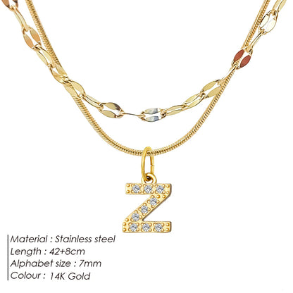 Modessie Double Stainless Steel Round Snake Chain Necklace Light Luxury Zirconia Alphabet Pendant A-Z High-end Fashion Jewelry
