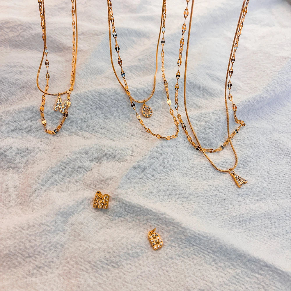 Modessie Double Stainless Steel Round Snake Chain Necklace Light Luxury Zirconia Alphabet Pendant A-Z High-end Fashion Jewelry