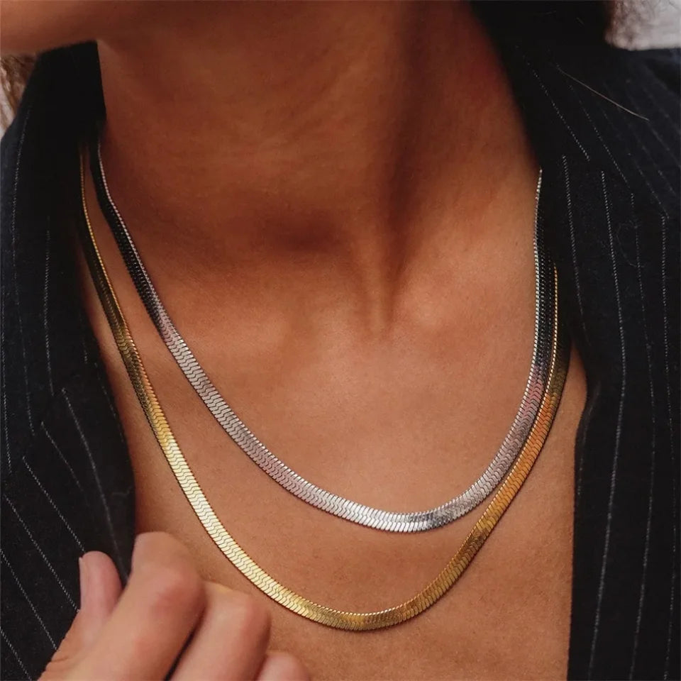 Modessie Hot Fashion Unisex Snake Chain Women Necklace Choker Stainless Steel Herringbone Gold Color Chain Necklace For Women Jewelry
