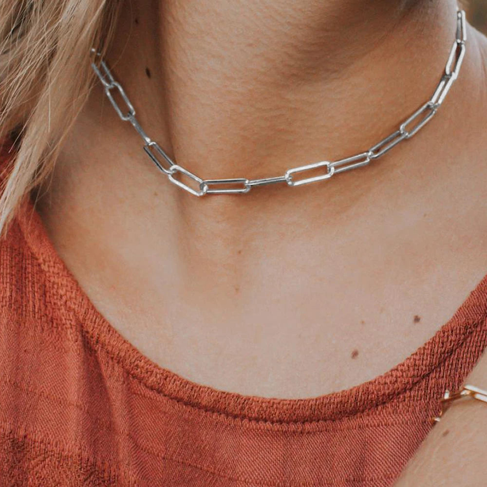 Modessie Silver Color Paperclip Link Chain Women Necklace Stainless Steel  Link chain Necklace Jewelry