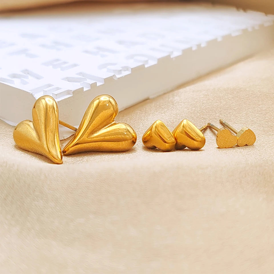 Modessie Golden Heart Earrings Set Stainless Steel Stud Piercing Earrings  Minimalist Style for Women's Jewelry
