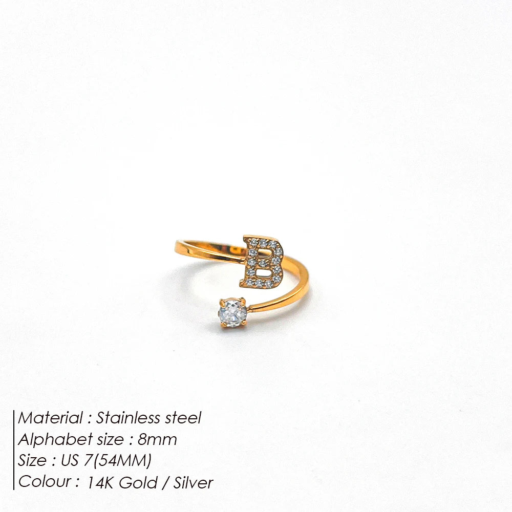 Modessie Classic Fashion Jewelry A-Z 26 Letters Ring Simple Stainless Steel Shiny Zirconia