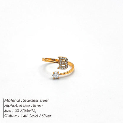 Modessie Classic Fashion Jewelry A-Z 26 Letters Ring Simple Stainless Steel Shiny Zirconia