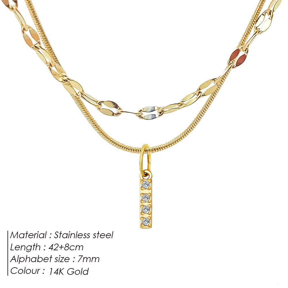 Modessie Double Stainless Steel Round Snake Chain Necklace Light Luxury Zirconia Alphabet Pendant A-Z High-end Fashion Jewelry